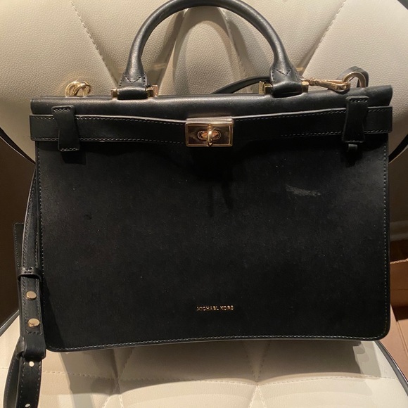 Michael Kors Tatiana M Leather Satchel Blk Gold - Picture 1 of 5
